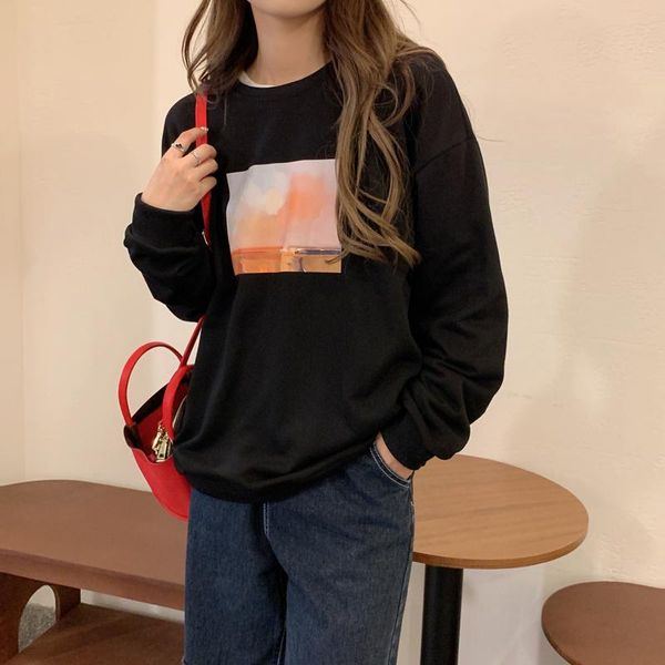 

women's hoodies & sweatshirts gagaok women 2021 spring autumn o neck korean chic retro casual print harajuku loose pullover, Black