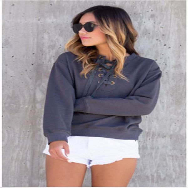 

women's hoodies & sweatshirts fashion casual bandage 2021 autumn winter long sleeve lace up pullovers women deep v-neck hooded sweaters, Black
