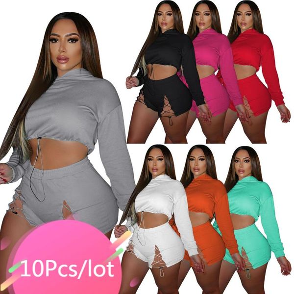 

women's tracksuits bulk items wholesale lots spring autumn two piece outfits long sleeve crop drawstring shorts suit casual sporty 2 s, Gray