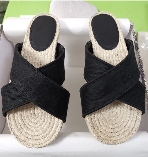 

Women Fabric Espadrille Flat Slipper Letter Embroidered Cotton Designer Lady Oblique Motif Rope wedge Rubber Sole Slide Sandals, Slipper dustbag