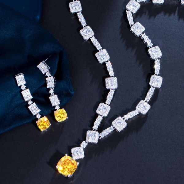 

earrings & necklace cwwzircons classic square cut yellow cubic zirconia stone wedding dubai nigerian cz bridal jewelry sets t591, Silver
