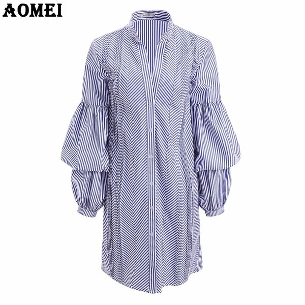 Blau gestreiftes Hemdkleid für Frauen Schößchen Plus Größe 3XL Tuniken Sommer Herbst Büro Damen Kleider Robe Kleider Top Blusas 210416