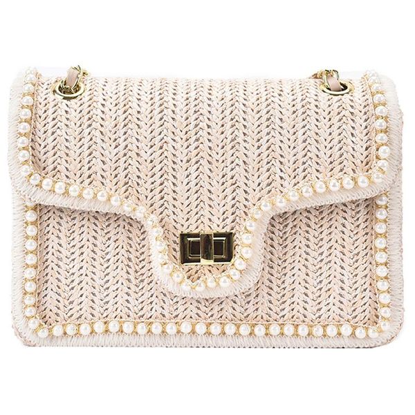 

weave square crossbody bag 2021 summer high-quality straw women's designer handbag pearl chain shoulder messenger purses cross body