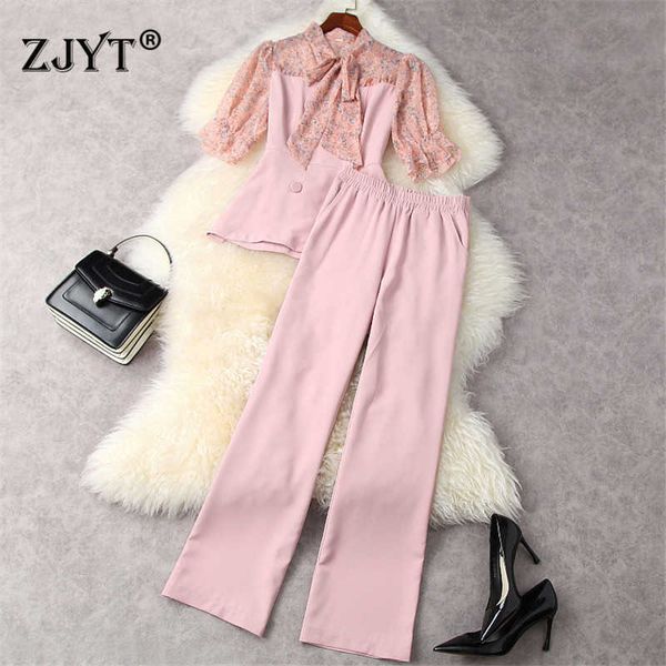 

women fashion designer summer 2 piece outfits elegant short sleeve print chiffon blouse and wide leg pants suit office lady sets 210601, White