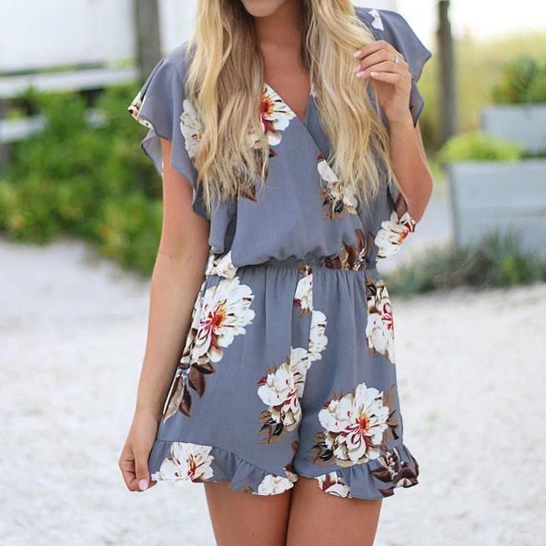 

women's jumpsuits & rompers summer beach boho floral romper women vocation ruffle sleeve v neck playsuit fashion elastic waist flower p, Black;white