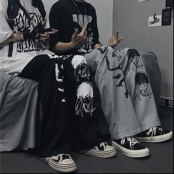 

harajuku anime characters fashion japanese womens capri pattern hip hop wide leg pants women men casual streetwear elastic waist jogger, Black;white