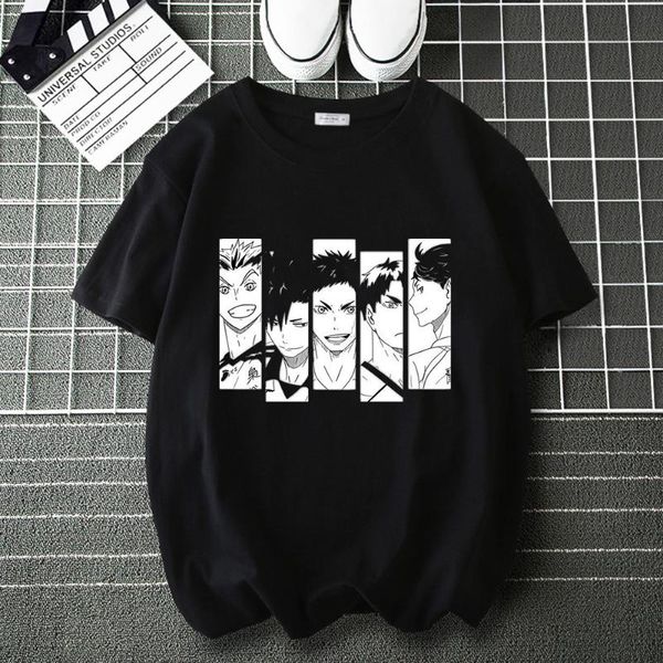Camisetas masculinas Camisetas masculinas Haikyuu!!Preto e branco dos desenhos animados algodão camiseta masculina anime t marca casual solto topos masculino hip hop harajuku