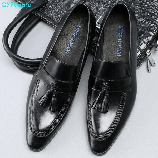 

dress shoes qyfcioufu 2021 fashion genuine leather pointed toe men slip on tassel wedding formal, Black