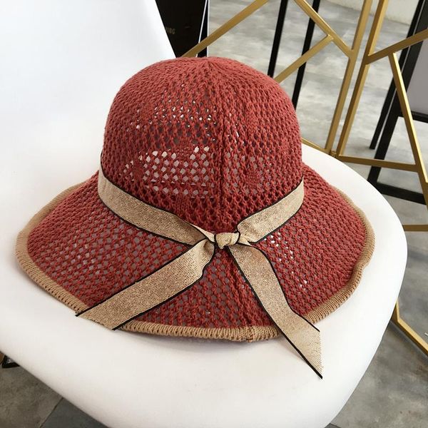 

women bucket hats ribbon big brim hollow caps female summer all match mesh girl casual sweet dome cap artistic wide, Blue;gray