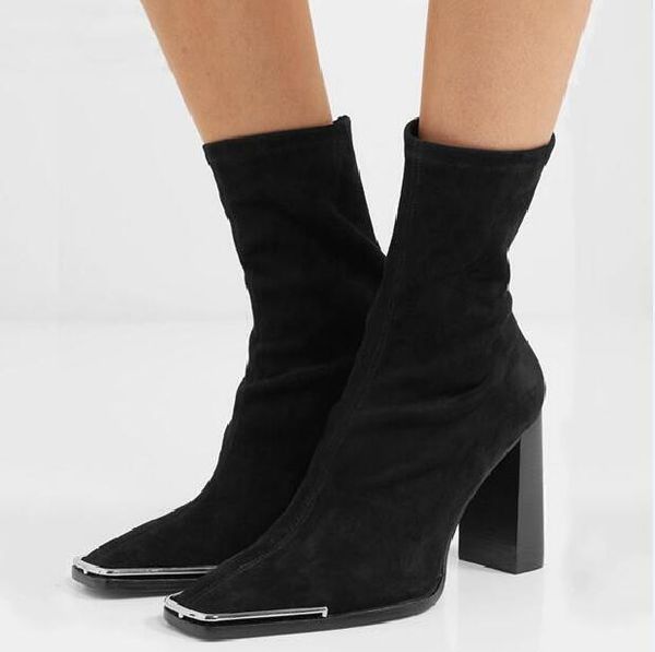 

boots black slim stretch ankle for women metal decor sock thin high heel stiletto shoes woman bota feminina