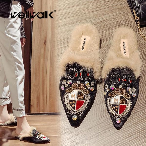 

slippers totem fur mule shoes women winter flat rhinestone embroider pointed toe ladies furry slides plush female home shoe 2021, Black