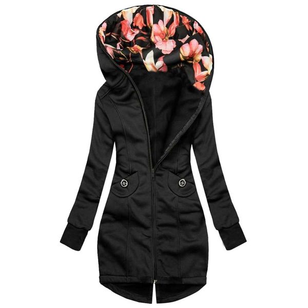 

windbreaker color matching hooded printed long sleeve coat, Black;brown