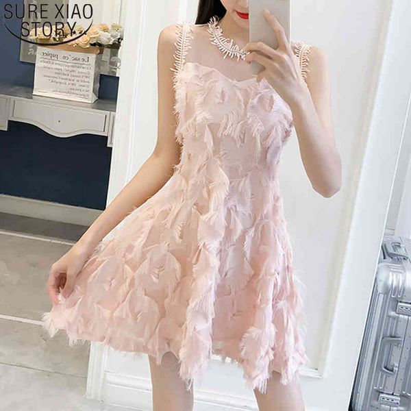 

women summer feather tassel embroidery lace a-line spaghetti strap dress zipper party mini dresses 13718 210417, Black;gray