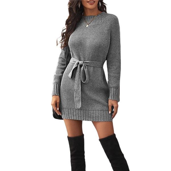 

casual dresses fashion autumn winter bodycon mini dress women solid color basic clothes long sleeve belted slim knitting female, Black;gray