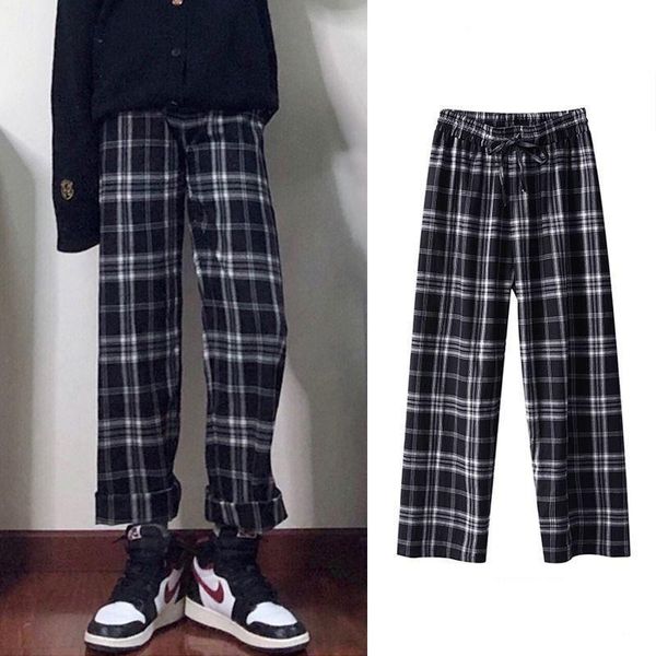 

women's pants & capris plaid women simple chic loose wide leg korean style vintage trousers autumn casual female high waist, Black;white