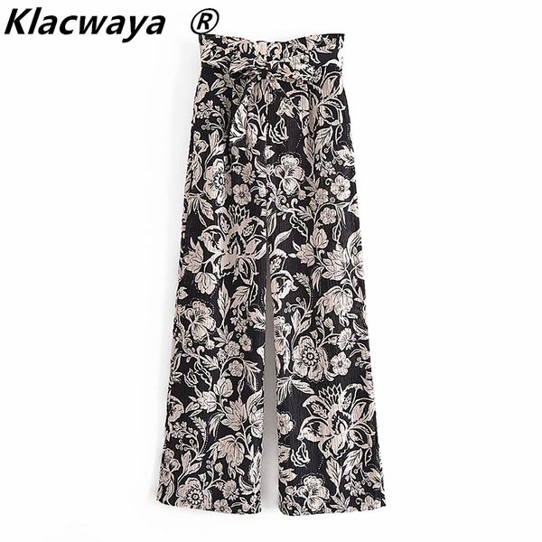 

za women's pants bow belt black print high waisted trousers vintage baggy straight wide leg woman zip fly 210521, Black;white