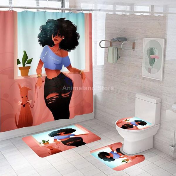 

african girl shower curtains lovely bathroom curtain bath sets toilet cover mat non-slip washroom rug set fashion pink gift
