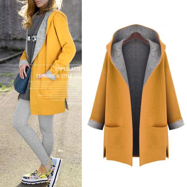 

women's trench coats 2021 loose slimming solid long sleeve casual coat pocket hooded woollen large size wide-waisted open stitch woman, Tan;black