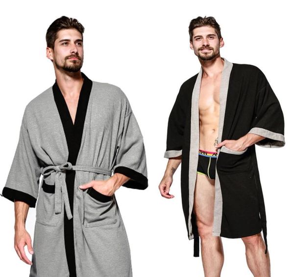 

men's sleepwear waffle v-neck men robe cardigan kimono lady loose casual nightgown male bathrobe lovers pajamas couple simple pyjamas, Black;brown