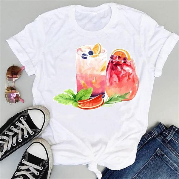 

watercolor beach drink fruit women 90s cartoon short sleeve graphic summer fashion female clothes tees shirt, White