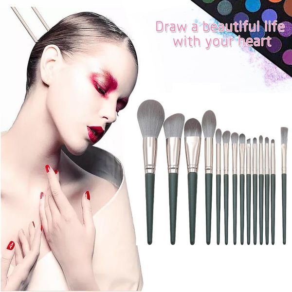 

makeup brushes 14 wooden handle brush set light rose gold mouth tube loose powder