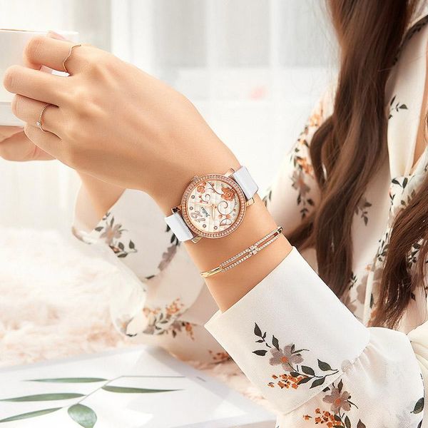 

wristwatches rose flower japan quartz lady women's watch elegant lattice fashion hour bracelet real leather clock girl's birthday, Slivery;brown