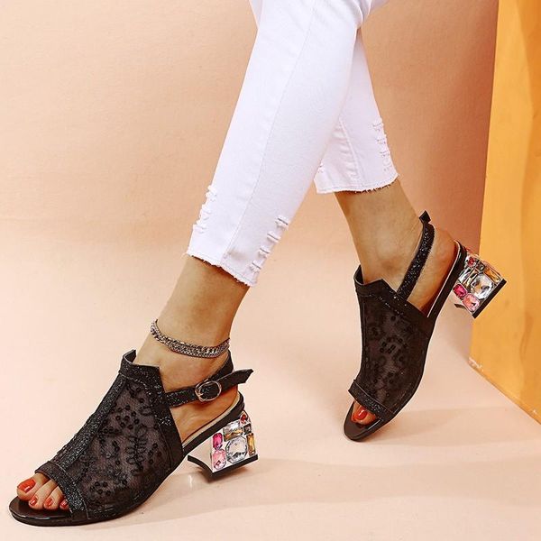 

sandals 2021 women's summer the shoes fashion mesh embroidered solid outer wear shallow crystal square heel slides, Black