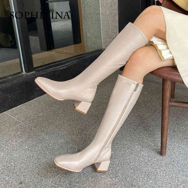 

sophitina women shoes casual genuine leather zipper handmade lady shoes square toe mid heel fashion female knee-high boots so831 210513, Black