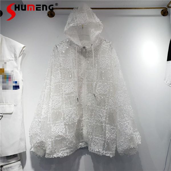 

women's jackets 2021 european spring and summer loose sequin stitching lace hooded sun protection coat slimming all-matching fashion, Black;brown