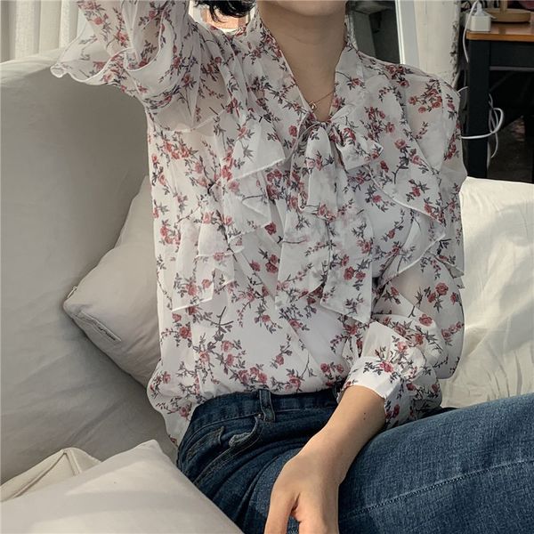 

blouses chic shirts sweet print florals office lady streetwear all match women full sleeves blouses, White