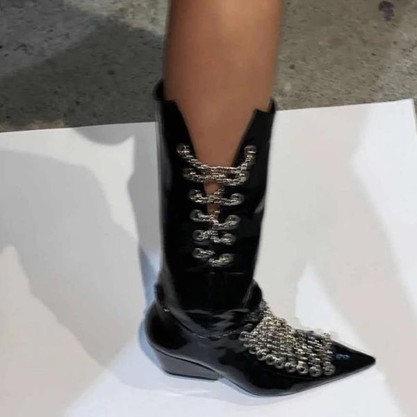 

women's mid-calf boots knight motorcycle high heels metal chain decoration pointed toe patent leather shoes m34 dky5, Black