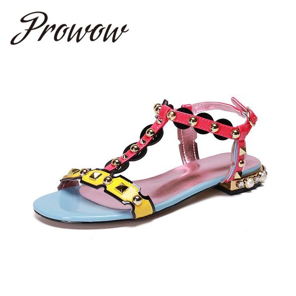 

sandals prowow 2021 fashion women's shoes rivets spell color flat, Black