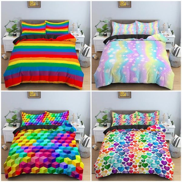 

bedding sets colorful stripe duvet cover microfiber quilt/comforter rainbow printing set king  size bedclothes for girls