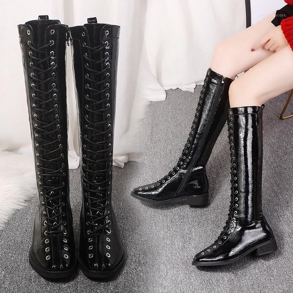 

boots zipper lace up design women pu punk gothic platform shoes square low heel riding motorcycle knee high1, Black