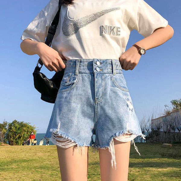 

high waist women's denim shorts women's 2021 summer korean version thin a-line perforated wide leg women, Blue