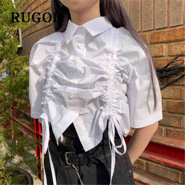 

women's blouses & shirts rugod korean chic drawstring women harajuku fashion turn-down collar short blouse female summer clothing irreg, White