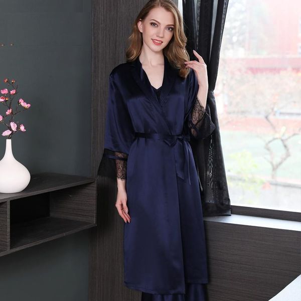 

women 100% silk stain robes2021woman summer spring lace patchwork full sleeve blue bathrobes sleepwear homewear lounge women's, Black;red