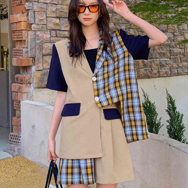 

color matching design sense asymmetrical shirt shorts plaid suit collar short-sleeved loose female summer 16f0925 210510, White