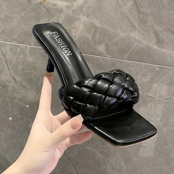 

women's summer ladies thin heels slippers flip flops pu leather female waterproof mid shoes woman square toe shoe 2021, Black