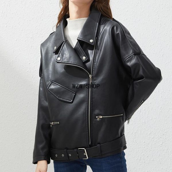 

women's leather & faux autumn oversized jacket with belt women casual loose biker outwear female bf black coat
