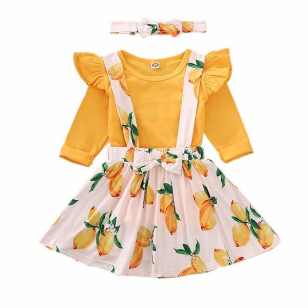 

clothing sets 3 pcs children autumn suit yellow o-neck ruffle long-sleeves + lemon printed suspender skirt hairband for little girls1, White