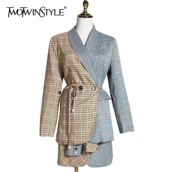 

twotwinstyle elegant plaid casual sets for women notched long sleeve blazer mini skirt korean two piece set female fashion new 210428, White
