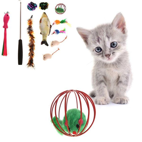 

cat toys 11pcs pet set retractable teaser wand catnip fish feather balls mice toy