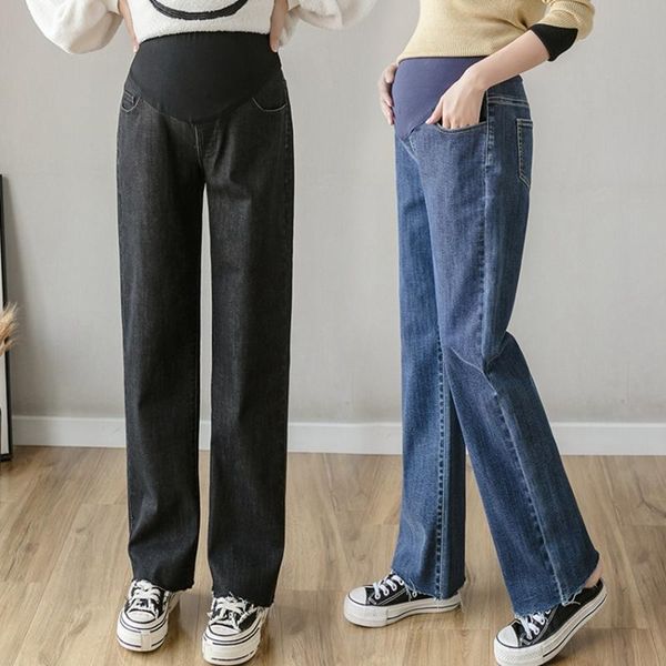 

waist wide-leg pants was thin maternity jeans pregnancy autumn and winter 2021 wild straight bottoms, White