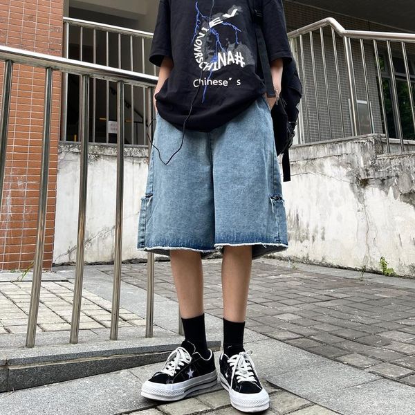 

men's jeans japanese pierced and rough edged for men women loose versatile trend, Blue