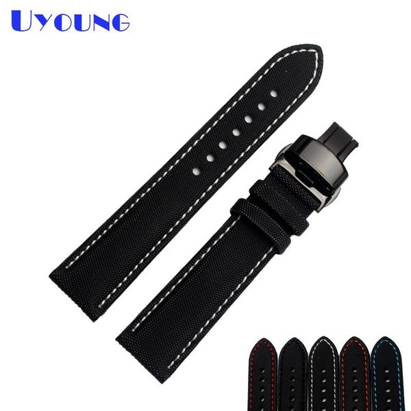 

watch bands waterproof nylon strap bottom genuine leather watchband 20 21 22 23mm wristwatches band black stitched butterfly buckle, Black;brown