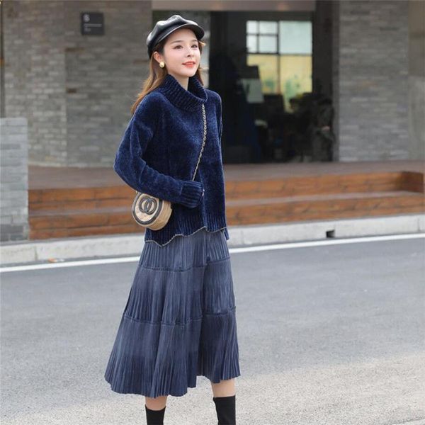 

two piece dress women 2021 autumn winter set female turtleneck long sleeve knitted sweater + high waist pleated a-line skirt n261, White
