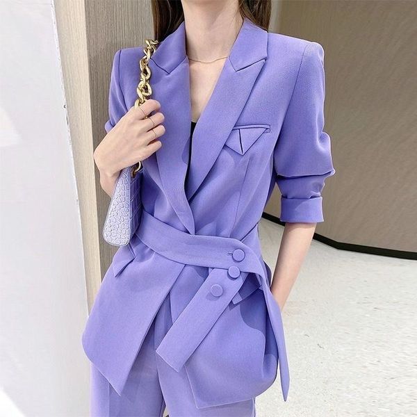 

women's two piece pants [ewq] 2021 autumn pant set women purple belted business suit female office blazer +long sleeve coats, White