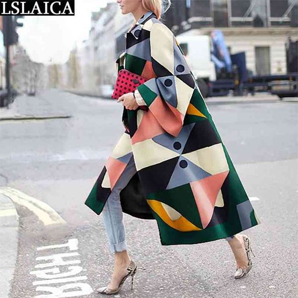 

casual lapel trench coat for women autumn winter fashion print loose warm long plus size high street style ladies overcoats 210515, Tan;black