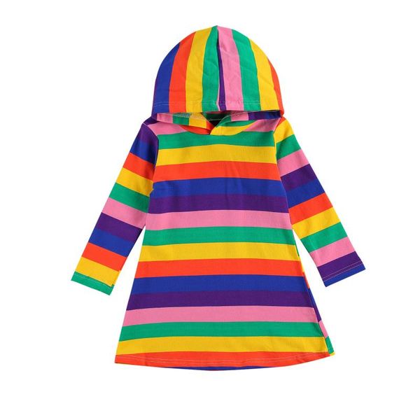 

girl's dresses baby girl children's midi rainbow print dress hooded striped long sleeve princess warm fall casual loose po toddler, Red;yellow